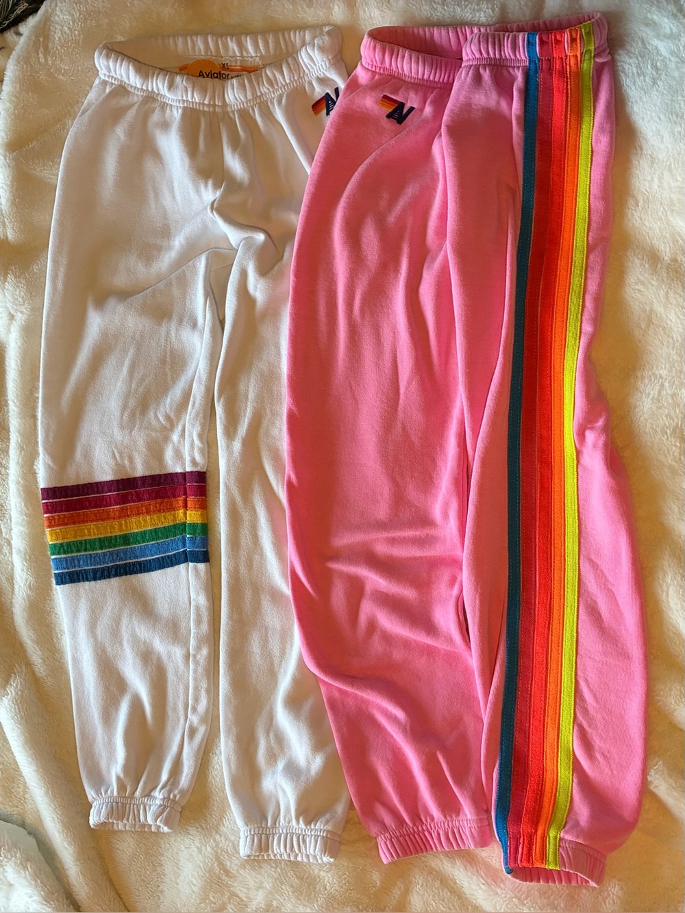 Aviator Nation XS 2 Pair Bundle Pink Rainbow Stripes White Sweatpants Joggers
